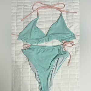 Aqua and Pink String Triangle Bikini Set High Rise Size Medium